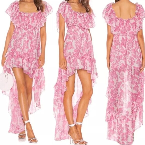 LoveShackFancy Alexia Floral Print High-Low Ruffle Dress in Pink Gem Size Large - Picture 6 of 10